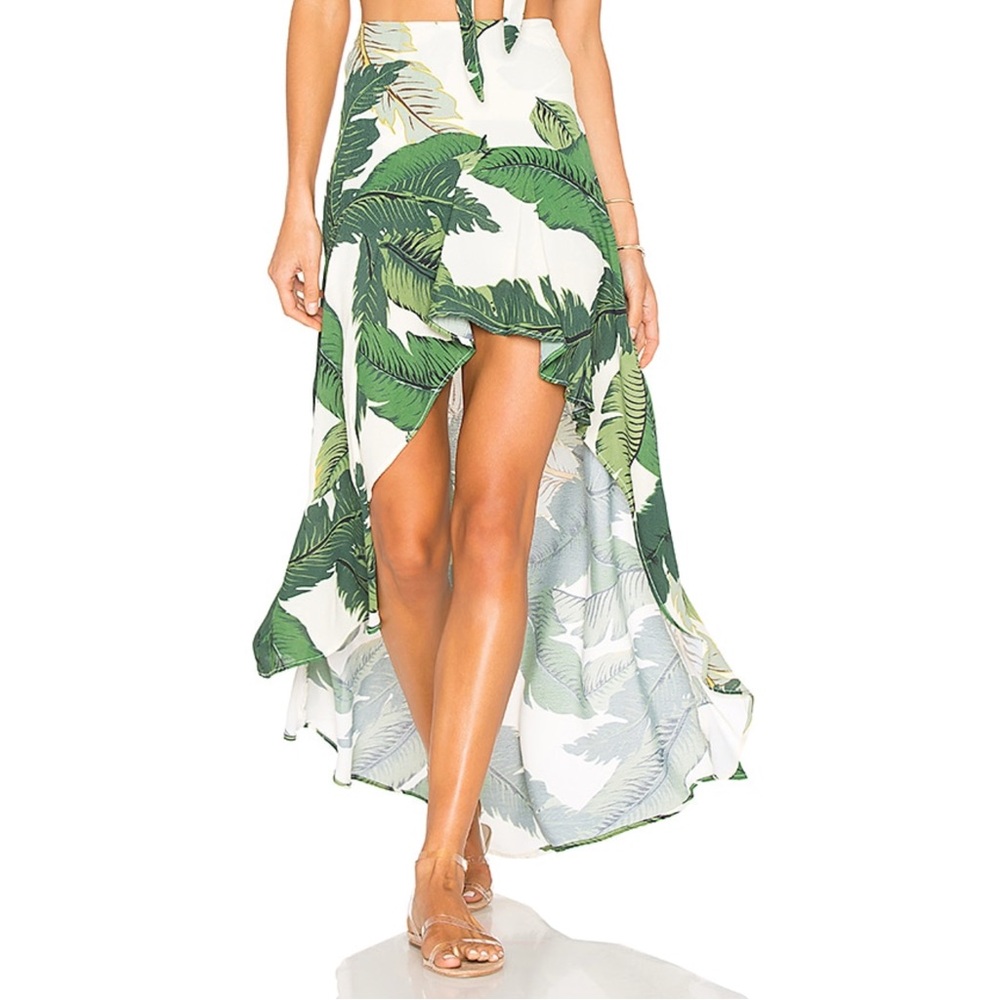 Beach Riot Rachel High-Low Skirt in Green & White Tropical Palm Print